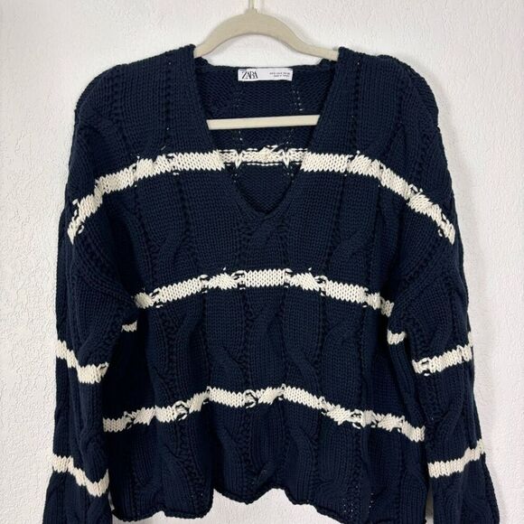 Zara Navy Blue with White Striped V Neck Pullover Sweater Women's Size Small - Picture 3 of 6